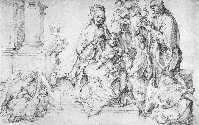 Albrecht Durer The Virgin with Two Angels and Four Saints